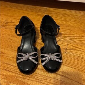 Black Patent Leather Shoes with Silver Bow